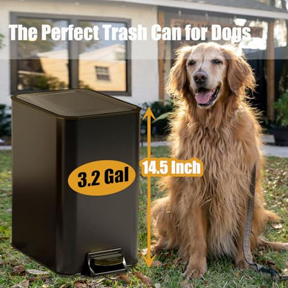 Metal Dog Pooper Scooper for Yard - 3.2Gal Dog Poop Trash Can Outside with Pedal - Pet Waste Container Outdoor - Stainless Steel Garbage Bucket with Lid - Trash Bin, Long Handle Tray and Rake - Black