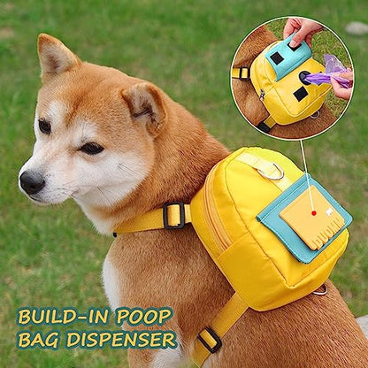 Dog Backpack Harness with Leash,Cute Pet Puppy Backpacks Bulid-in Dog Poop Bag Dispenser,Adjustable Pets Self Carrier Bag for Small Medium Dogs Travel Hiking Daily Walking(M, Yellow) - color: Yellow, size: Medium