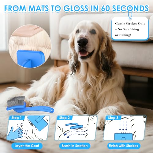 Large Slicker Brush, 2Pc Doodle Grooming Kit with Comb,Blue | With two leather protective covers; ideal for Poodles, Labradoodles; extra long pin; premium wooden handle; removes mats. - color: Blue