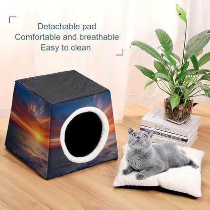 Collapsible Soft Dog Crate Pet Kennel Houses Sea and Sunset Printed Lightweight Travel Crate Kennel Indoor & Outdoor, 13.8"x13.8"x11.8"