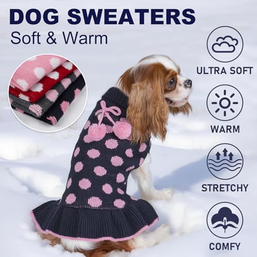 KYEESE Dog Sweaters with Leash Hole Small for Girl Dog Sweater Dress Polka Dot Knit Warm Dogs Clothes with Pom Pom Ball, XS - color: 05# Navyblue, size: X-Small (2-3lbs)