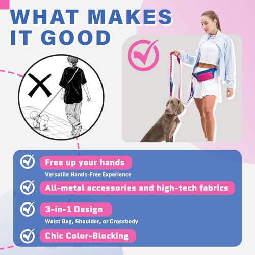 Hands-Free Dog Leash: Versatile Color-Block Bungee for Large & Multi-Dog Walking, Modular Tech-Pouch, Sponge-Padded Waist Belt for Running, Hiking & Urban Strolls (Pink) - color: Pink