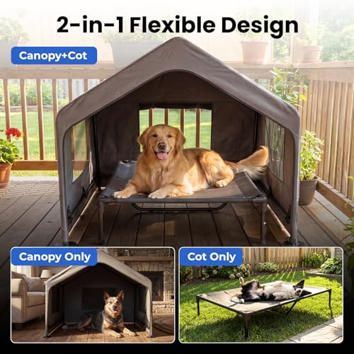 Zooba Extra Large Dog Shade with Elevated Bed, Outdoor Dog House for Large Breeds, 4’×4’×3.3’ Dog Shelter with Canopy, Dog Tent for Outside, 2-in-1 Separate Design, Grey