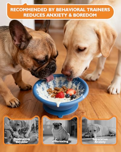 Dog Lick Bowl, Non-Slip Slow Feeder Licking Mat & Treat Dispenser (Wide Bowl Mouth w/Inlaid Stainless Steel Ring) - Interactive Toys, Anxiety Reducer, Freeze Bone for Dogs, BPA Free Silicone(Blue) - color: blue