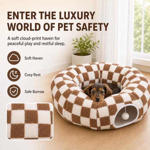 SnugTail Dachshund Tunnel Bed, Brown Checks Design Plush Foldable Dog Cave Bed for Anti-Anxiety, Washable Covered Bed for Miniature Dachshunds, Puppies, Cats, Self-Warming Mat