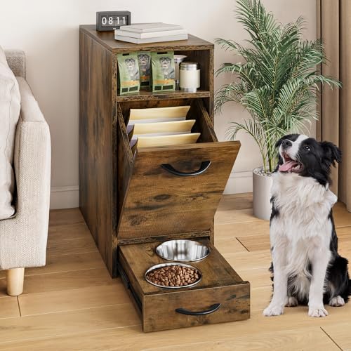 DWVO Dog Feeding Station with Storage, Dog Food Cabinet with 2 Feeder Bowls, Pull Out Elevated Dogs Bowl, Rustic Brown - color: Brown, size: 1 PCS