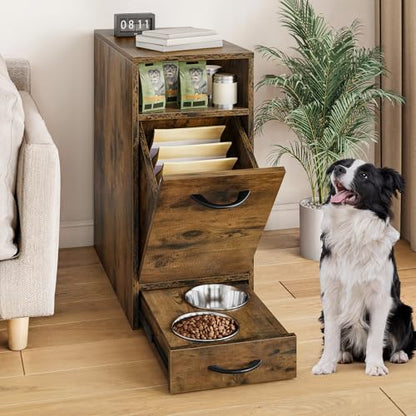 DWVO Dog Feeding Station with Storage, Dog Food Cabinet with 2 Feeder Bowls, Pull Out Elevated Dogs Bowl, Rustic Brown - color: Brown, size: 1 PCS