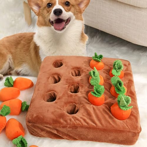 Carrot Snuffle Mat for Dogs, Interactive Dog Plush Puzzle Toys, 2 in 1 Non-Slip Nosework Feed Games, Pet Stress Relief with 12 Carrots