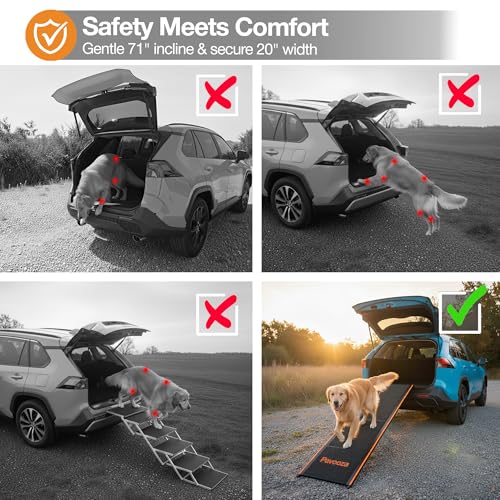 71"×20" Extra Wide Dog Ramp for Car, SUV & Truck – Folding Aluminum Pet Ramps for Large Dogs up to 250 lbs, Non-Slip Surface & Glow Edges, Foldable Portable Ramp for Side Door or Porch Steps