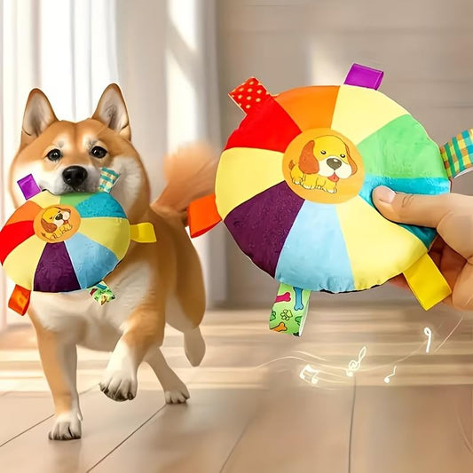1pcsColorful Squeaky Dog Frisbee Toy, Soft Plush Flying Disc Puppy Chew Toy with Ribbon Tags, Interactive Fetch Play Toy for Small Medium Dogs