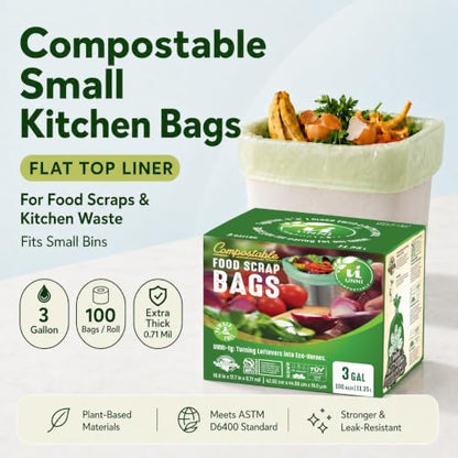 UNNI Compostable Trash Bags, 3 Gallon / 11.35 Liter, 200 Count, Extra Thick 0.71 Mil Small Kitchen Food Scrap Bin Liners, Certified by BPI, CMA & OK compost HOME, Meets the ASTM D6400 Standard - size: 200 Count (Pack of 1), style: 3 Gallon