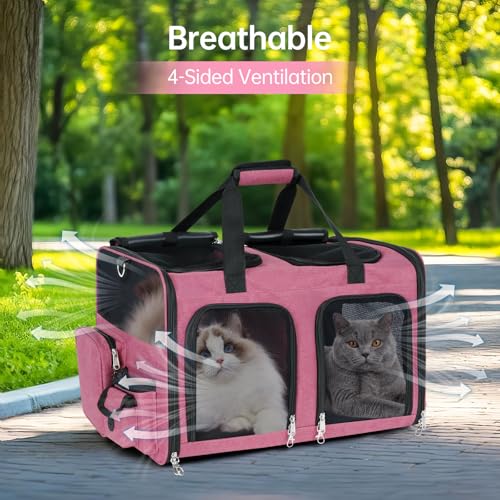 Cat Carrier for 2 Cats - Double Pet Carrier Extra Large, Dual Cabin Multi Cat Travel Carrier with Removable Divider, Collapsible, Can Hold 20 30 40 lbs for Two Small Kitten, Medium Dog Pink - color: Pink