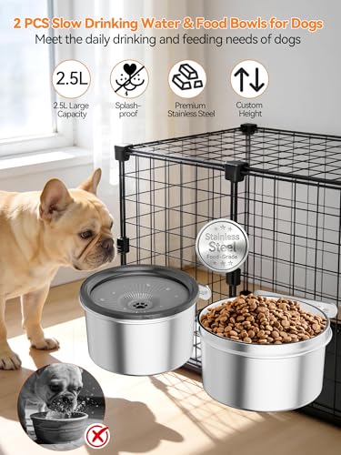 2 Pcs No Spill Dog Water Bowl for Crate, 2.5L Stainless Steel Hanging Kennel Bowls with Adjustable Height, Anti-Splash Water & Food Bowl Set for Cage Kennel Crate, Medium Large Dogs (Grey) - color: Grey