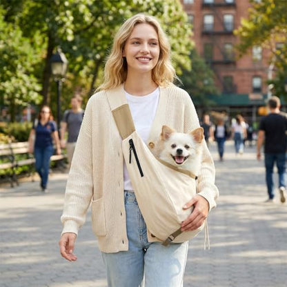 Dog Carrier Sling for Small Dogs/Cats Up to 15 lbs - Multi-Pocket Oxford Pet Sling Carrier Bag with Adjustable Strap (Beige) - color: Beige