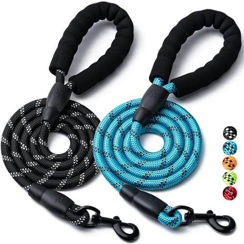2 Pack Dog Leash, 4/5//6 FT Heavy Duty Nylon Rope Pet Leashes with Comfortable Padded Handle, Reflective Dog Leashes for Small Medium and Large Dogs (5FT-1/2,Black/Blue) - color: 2PCS-Black+Blue, size: 1/2"x 5 FT (18~120 lbs.)