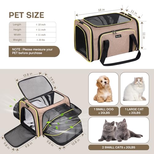 Pet Carrier, Large Soft Sided Expandable Travel Carrier with Steel Frame, Anti-Scratch Mesh, Removable Fleece Pad and Pockets for Cats, Dogs and Small Animals up to 15 lbs (Brown, 4 Sides Expandable)