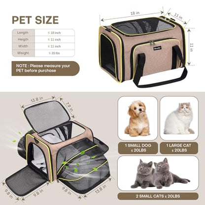 Pet Carrier, Large Soft Sided Expandable Travel Carrier with Steel Frame, Anti-Scratch Mesh, Removable Fleece Pad and Pockets for Cats, Dogs and Small Animals up to 15 lbs (Brown, 4 Sides Expandable)