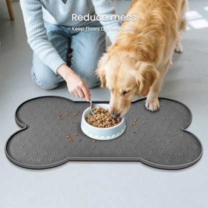 PWTAA Dog Food Mat Anti-Slip Silicone Dog Bowl Mat Thicker Pet Placemat Waterproof Cat Feeder Pad with Raised Edge Puppy Kitten Feeding Mats Suitable Small Medium-Sized Dogs Cats Eating Tray - color: Grey, size: 19.4" x 9.8"