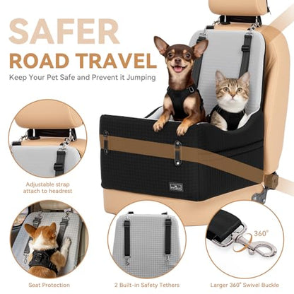 PETSFIT Dog Car Seat for Small/Medium Dogs Up to 35 lbs – Patented Safety System, 5" Memory Foam Pet Booster Car Seat, Fully Detachable and Washable Dog Carseat with 2 Storage Pockets (Black & Grey) - color: Black/Grey