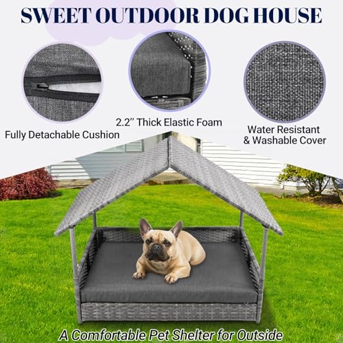 Heeyoo Wicker Dog House, Elevated Rattan Dog Bed with Canopy, Large Dog House Outdoor with Water Resistant Cushion, Outside Rattan Dog House for Dogs with Protective Cover, Grey