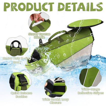 EMUST Life Jacket for Dogs, Adjustable Dog Life Vest for Swimming & Boating, Pet Safety Vest with Durable Rescue Handle and Reflective Stripes, Green, XL