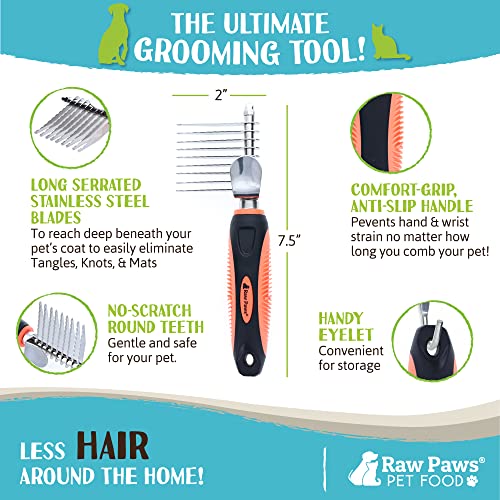 Raw Paws Dematting Comb - 1 ct, Long Blades & Safety Edges, For Cats and Dogs - Removes Mats, Tangles & Knots | Tangles & Knots Removal - Long Safety Blades - Undercoat Rake - Deshedding Comb - Long Hair Pets