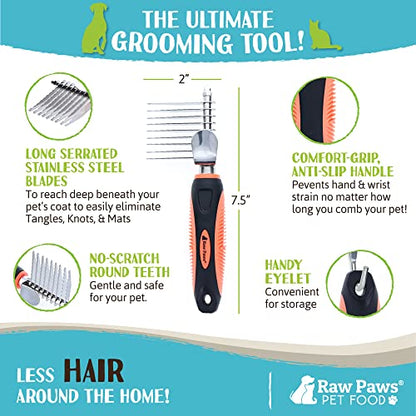 Raw Paws Dematting Comb - 1 ct, Long Blades & Safety Edges, For Cats and Dogs - Removes Mats, Tangles & Knots | Tangles & Knots Removal - Long Safety Blades - Undercoat Rake - Deshedding Comb - Long Hair Pets