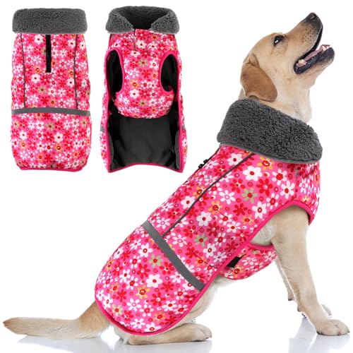 Doglay Dog Coat, Waterproof Dog Jacket Pet Winter Coat for Cold Weather with Thicken Furry Collar, Reflective Puppy Winter Jacket Warm Fleece Lining for Small Medium Large Pets - color: Pink Flower, size: S(Chest : 11-18.11" , Back : 9.84")