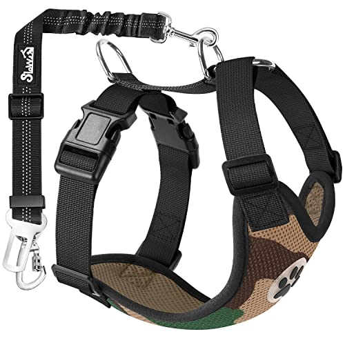 Lukovee Dog Car Harness Seat Belt, Adjustable Mesh Breathable Vest with Elastic Bungee Tether, Soft Padded 2-in-1 Safety Car Harness Seatbelt for Small Medium Large Dogs (Camouflage,XS) - color: ·Camouflage, size: X-Small