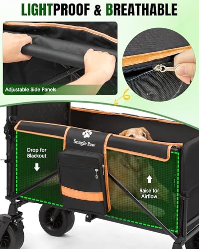 Snagle Paw Dog Wagon for Medium Large Dogs up to 120lbs | All Terrain Foldable Large Pet Stroller with Ramp & Tailgate (Extra Space), Dog Wagon Cart Adjustable Handle & One-Step Brake - color: orange