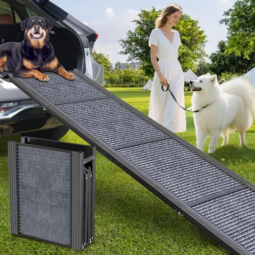 71" X-Long & 20" Wider Folding Dog Ramps for Car Portable Sturdy Dog Ramps for Large Dogs with Non-Slip Rug Surface Dog Car Ramp for SUV Car & Truck, Outdoor Dog Ramp Up to 270LBS - size: Upgraded 71" L x20" W
