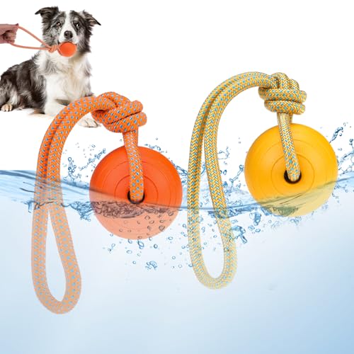 PUPTECK Dog Pool Floating Toys - 2 Pack Fetch Balls on a Rope Toys for Medium Large Dogs, EVA Durable Rubber Water Pet Interactive Toys, for Summer Beach Outdoor Throw Training Retrieving Play