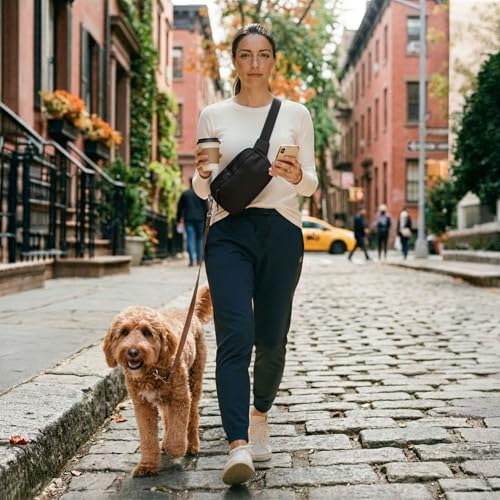 Dog Walking Bag, Treat Pouch & Poop Bag Holder, Crossbody Bag, Charcoal Black. Crossbody dog walking bag, hands-free. PEVA-lined treat pouch, poop bag holder, built-in leash hook - color: Charcoal Black