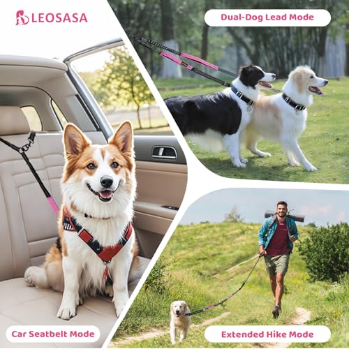Double Dog Leash - No Tangle Splitter for Two Dogs, Coupler with Adjustable Long Lead Rope, Dual Control Handles, Retractable No Pull Bungee, Walk Train Small Medium Large 2 Pets (Fuchsia) - color: Fuchsia