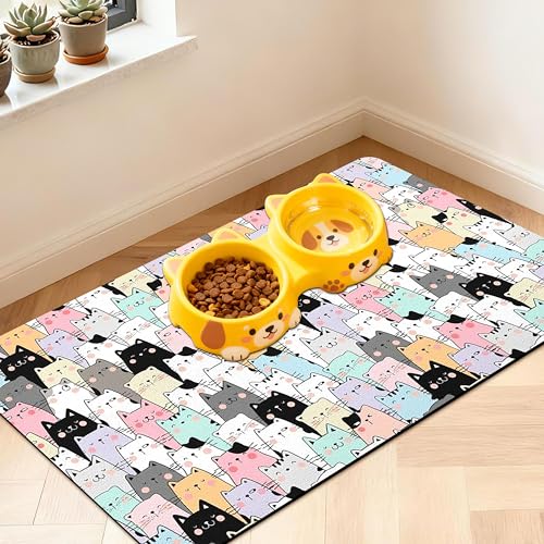 Pet Feeding Mat for Floors Cat Food Mat Waterproof Dog Food Mat and Water Absorbent Quick Dry Non Slip Mat for Cat Bowls - color: ColorfulCat, size: 20"L x 12"W