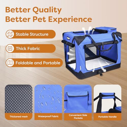 JESPET Soft Dog Crates Kennel for Pets, 3 Door Soft Sided Folding Travel Pet Carrier with Straps and Fleece Mat for Dogs, Cats (Royal Blue, Large(30" L x 21" W x 23" H)) - color: Royal Blue