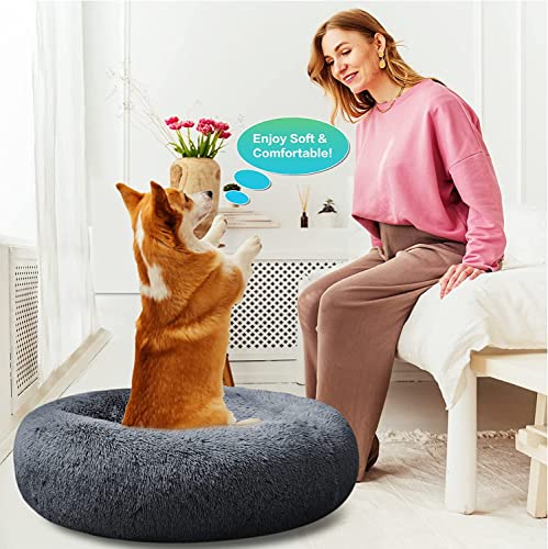 SAVFOX 20 inches Calming Donut Dog Bed - 3X Durable Plush Faux Fur, Machine Washable & Non-Slip, Fits up to 15 lbs, Dark Grey - color: Dark Grey, size: X-Small | 20"x20"