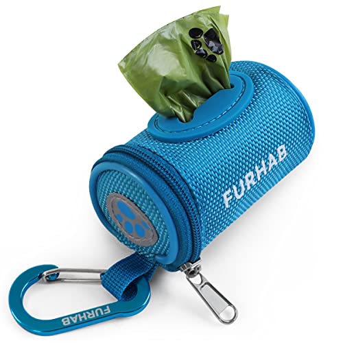FURHAB Dog Poop Bag Holder for Leash Doggie Waste Bag Dispenser Soft Fabric Puppy Potty Carrier Small Doggy Zipper Pouch with Carabiner Clip 1680D Nylon Oxford with 1 Roll of Pet Trash Bags, Sky Blue - color: Sky Blue