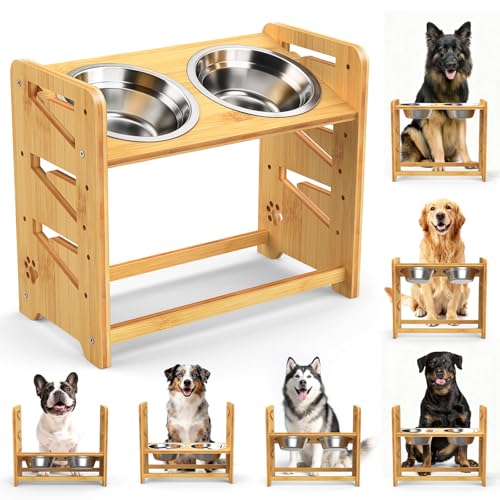 Elevated Dog Bowls, Adjustable Raised Dog Bowl Stand for Large and Medium Pet, 15" High Bamboo Pet Food Feeder with 2 Stainless Steel Dishes（6 Heights） - size: Large sized dogs