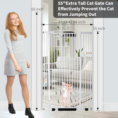 55.1 Inch Extra Tall Pet Gate, 29.92"- 43" Adjustable Dog Gates | Pressure Mounted, Walk Through, Cat Gate, No Drilling, Narrow Slat, Heavy-duty Steel, For Doorways, Stairs, Hallway, Kitchen - color: White