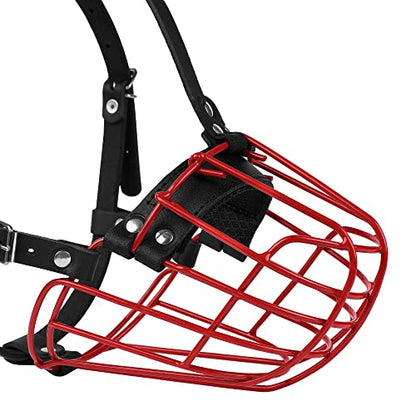 Pitbull Dog Muzzle Metal Mask Amstaff Secure Wire Basket Adjustable Durable Leather Straps for Large Dogs (Red) - color: Red