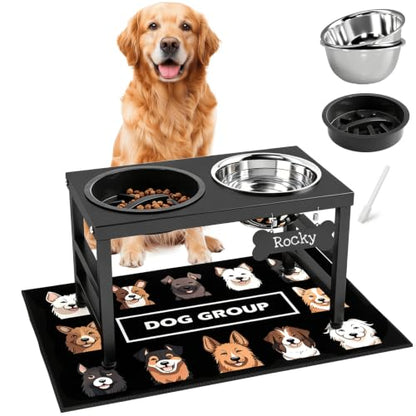 ADENGL 10" Elevated Dog Bowls – Metal Raised Dog Bowl Stand with 2 x 1700ml Stainless Steel Bowls, 1 Slow Feeder & Non-Slip Mat for Dogs - color: Black-L, Slow Feeder, size: Height:10inch