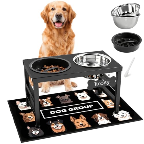 ADENGL 10" Elevated Dog Bowls – Metal Raised Dog Bowl Stand with 2 x 1700ml Stainless Steel Bowls, 1 Slow Feeder & Non-Slip Mat for Dogs - color: Black-L, Slow Feeder, size: Height:10inch