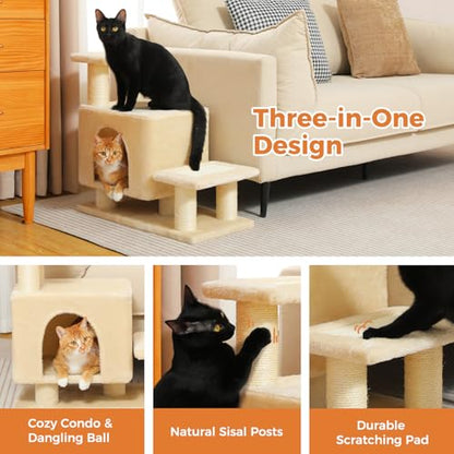 3-in-1 Dog Stairs & Cat Scratching Post with Condo, Pet Steps for High Beds, Sofa, Couch, Tall Cat Tower, High-Strength Boards for Indoor Small Cats Kittens Dogs Climbing Playing, 3 Steps-Beige - color: Beige