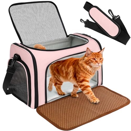 Cat Carrier Dog Carrier - Soft-Sided Cat Carrier with Plush Pad & Cooling Mat, Easy-Load 4-Side Zipper & 3-Side Mesh Ventilation, Pet Carrier Airline Approved for Cats/Dogs Up to 16 lbs, Pink - color: Pink