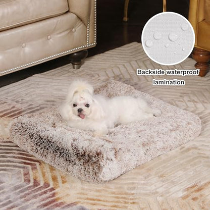Bedfolks Waterproof Crate Bed, Plush Dog & Cat Bed with Removable Washable Cover, Faux Fur Kennel Pad, 23"x18", Brown - color: Brown, size: Small(23x18'')