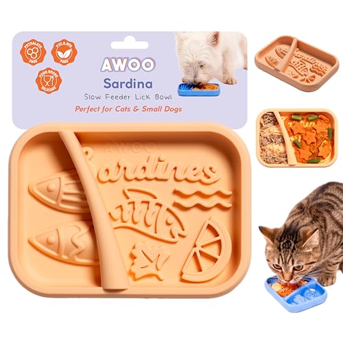Awoo Sardina - Silicone Lick Mat + Slow Feeder for Cats & Small Dogs - Non-Slip Design with Suction Cups - Dishwasher Safe Pet Dish - Extends Mealtime and Reduces Anxiety - for Wet & Dry Food (Melon) - color: Melon