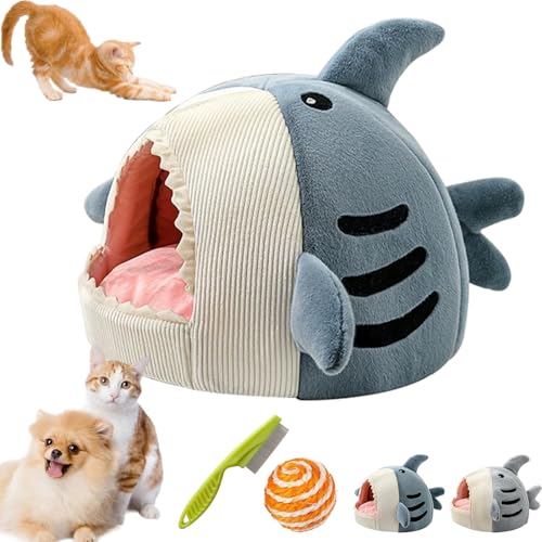 2026 New Shark Cat Bed, Shark Shaped Kennel, Anti-Slip Bottom, Cute Winter Warm Soft Sharks Mouth Cat Caves, Semi-Closed Cosy Cave Hideaway for Cats & Small Dogs (A,S) - color: A, size: S