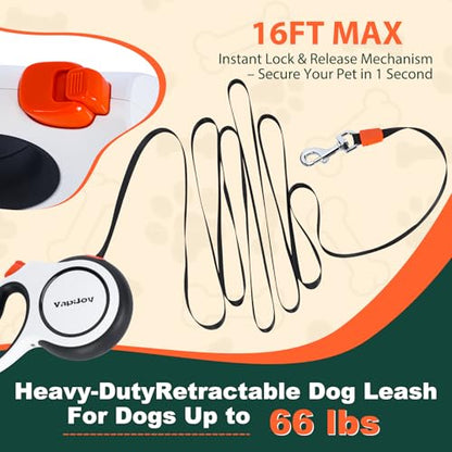 Retractable Dog Leash, 16ft Heavy Duty Retractable Pet Leash with Poop Bag Holder, 360° Tangle-Free for Small Medium Large Dogs Up to 66lbs, Anti-Slip Handle,One-Handed Brake Pause Lock（White） - color: White, size: 16ft up to 66lbs