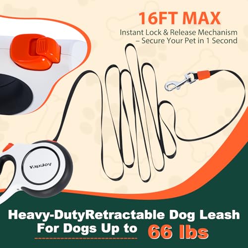 Retractable Dog Leash, 16ft Heavy Duty Retractable Pet Leash with Poop Bag Holder, 360° Tangle-Free for Small Medium Large Dogs Up to 66lbs, Anti-Slip Handle,One-Handed Brake Pause Lock（White） - color: White, size: 16ft up to 66lbs